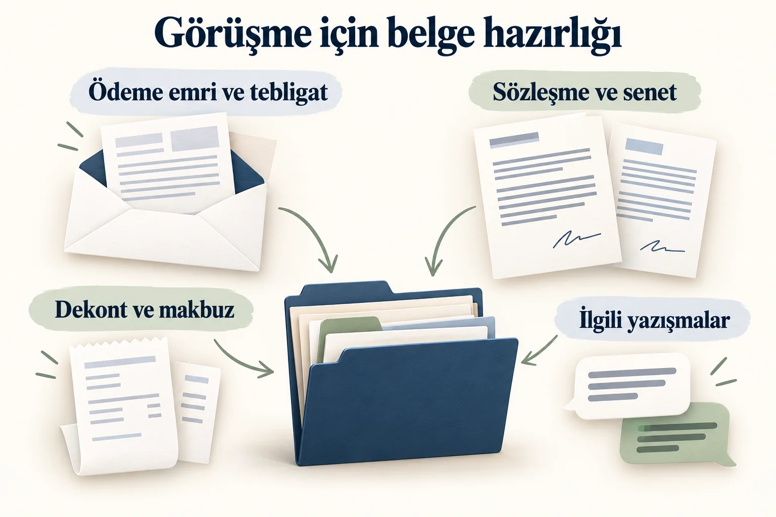 Ödeme emri ve tebligat, sözleşme ve senet, dekont ve makbuz ile ilgili yazışmaların aynı dosyada düzenlenmesi.