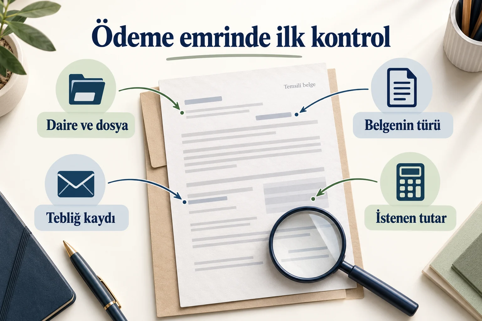 Ödeme emrindeki dört kontrol alanı: daire ve dosya, belgenin türü, tebliğ kaydı ve istenen tutar.