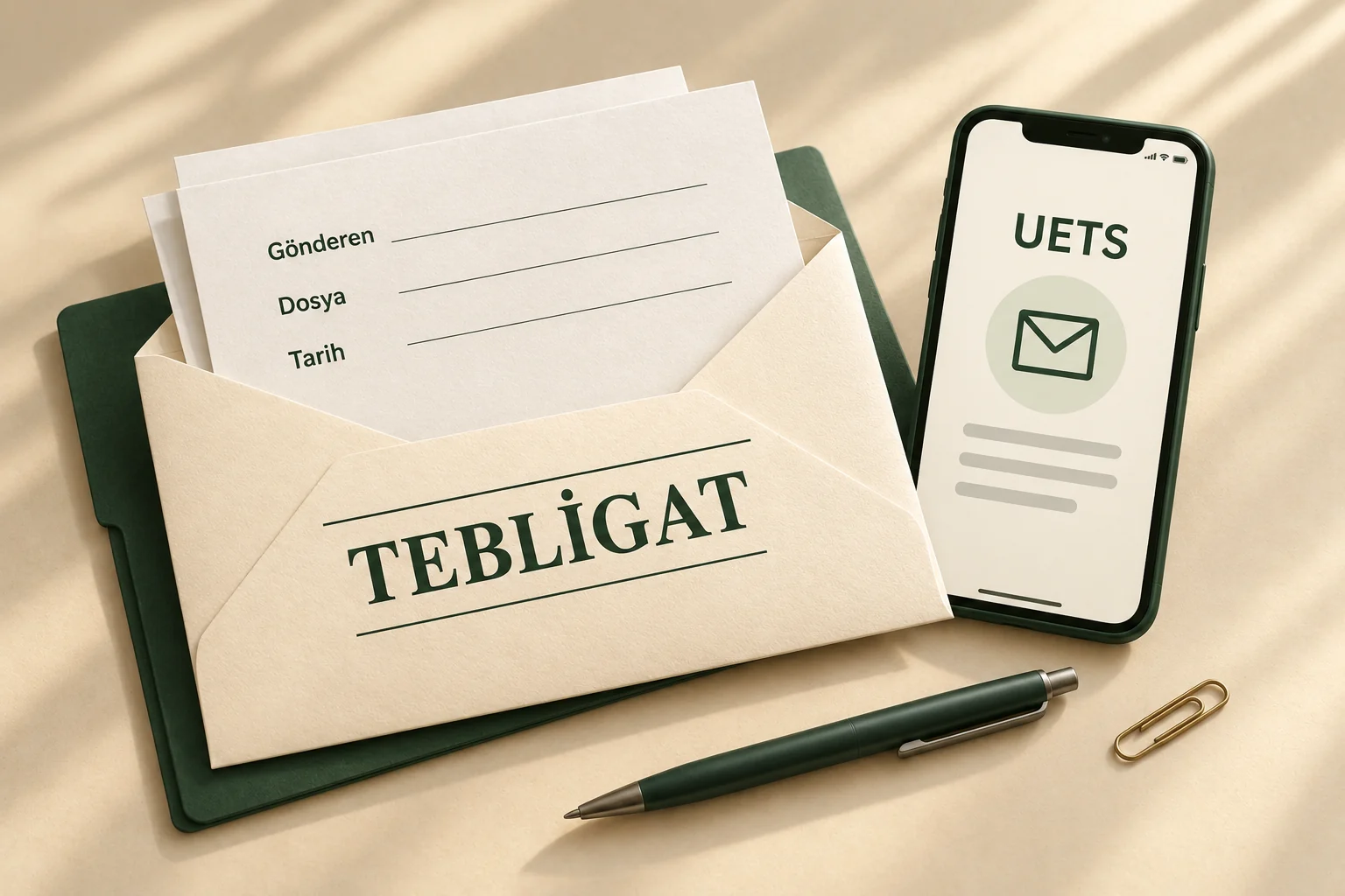 Tebligat yazılı açık zarf, gönderen, dosya ve tarih alanları bulunan temsili belge ve UETS ekranlı telefon.